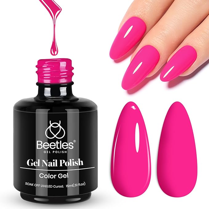 Beetles Pink Gel Nail Polish - Year 2 Kilo 15ML Gel Polish, 1 Pcs Hot Pink Colors, Soak off UV LED Lamp Nail Art Manicure Salon DIY Nail Design for Girls