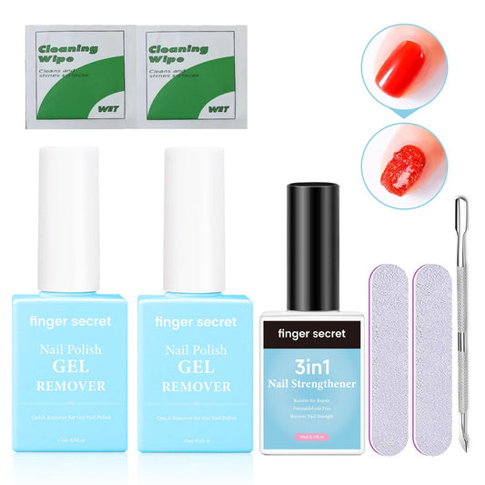 Nail Polish Gel Remover & 3in1 Nail Strengthener Combo with Wet Wipes for Efficient Gel Remover and NailS Strengthening Ideal for Home and Salon Use