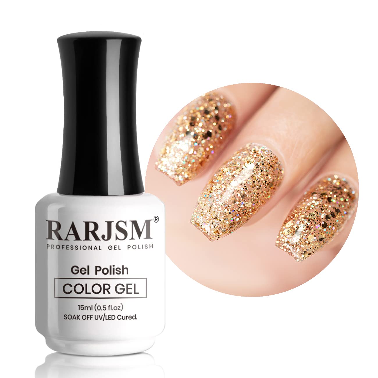 RARJSM Champagne Gold Glitter Gel Nail Polish Sparkly Iridescent Rainbow Shimmer Holographic Gelpolish Soak off L e d U V Curing Required High Pigments Gel for Home Salon Manicure Nail Art 15ml