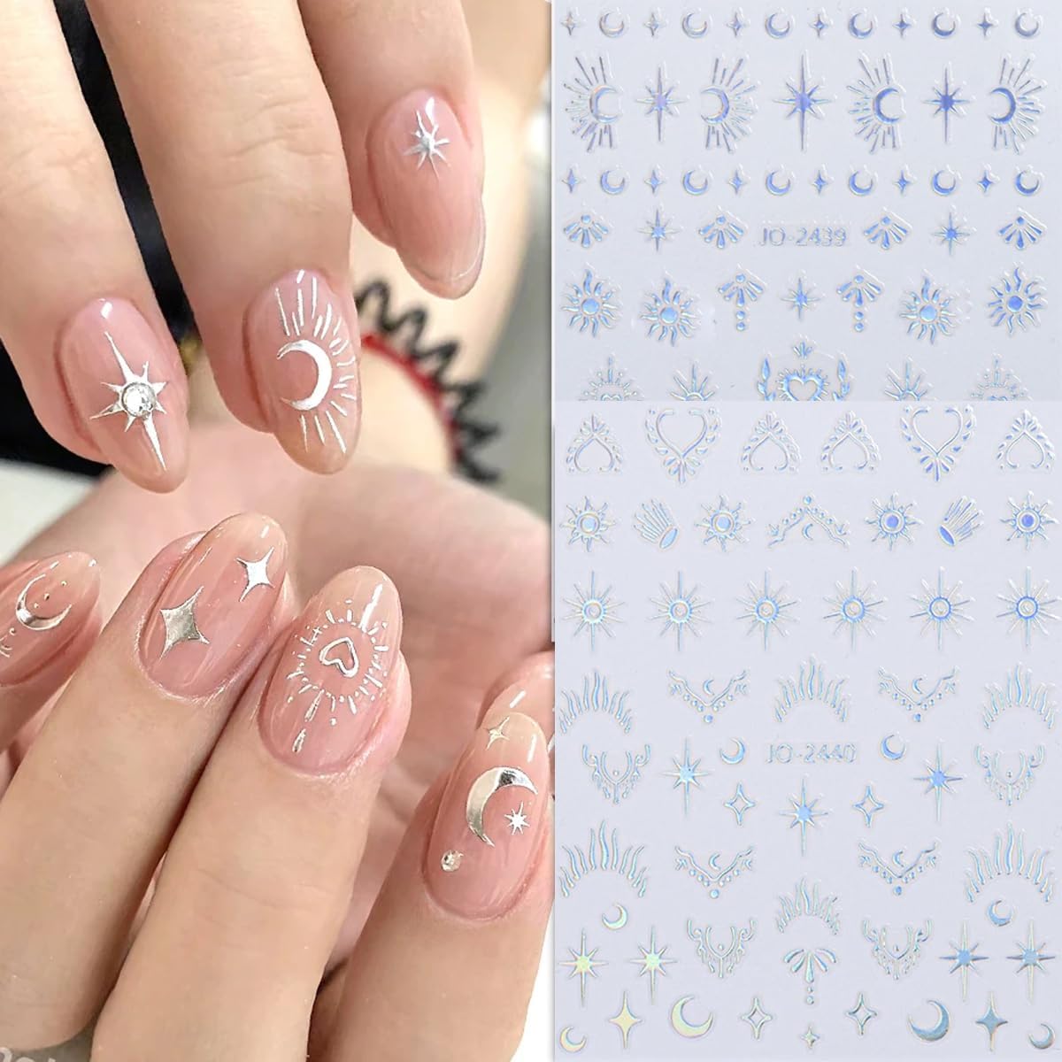 8 Sheets Gold Silver Nail Stickers Stars Heart Nail Decals 3D Self-Adhesive Bronzing Laser Star Moon Sun Love Hearts Metallic Chrome Line Nail Design Sticker for Women Girls Manicure Decoration