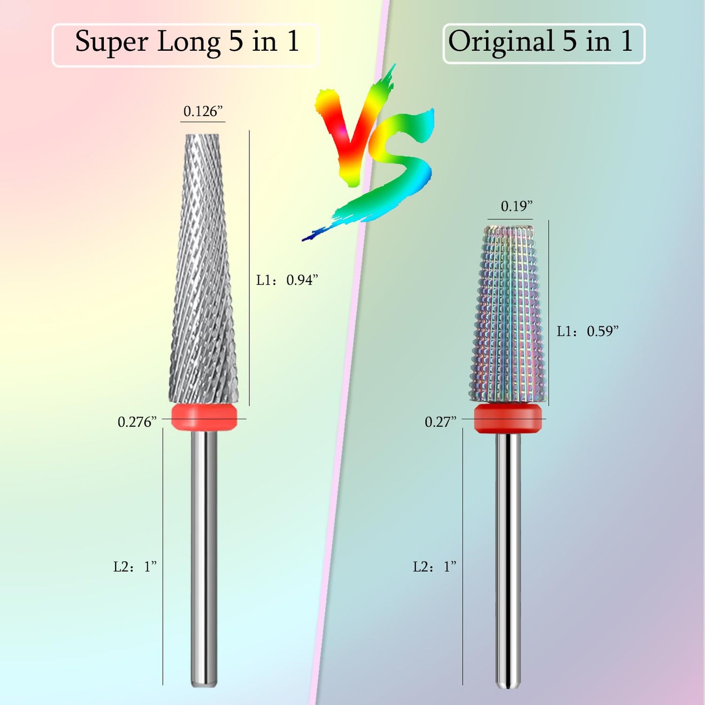 Super Long 5 in 1 Nail Drill Bits, Professional 3/32'' Carbide Tungsten Two Way Rotary Advanced Safety Bits, Fast Remove for Manicure Pedicure Cuticle Acrylic Nails (Sliver, Fine-F)