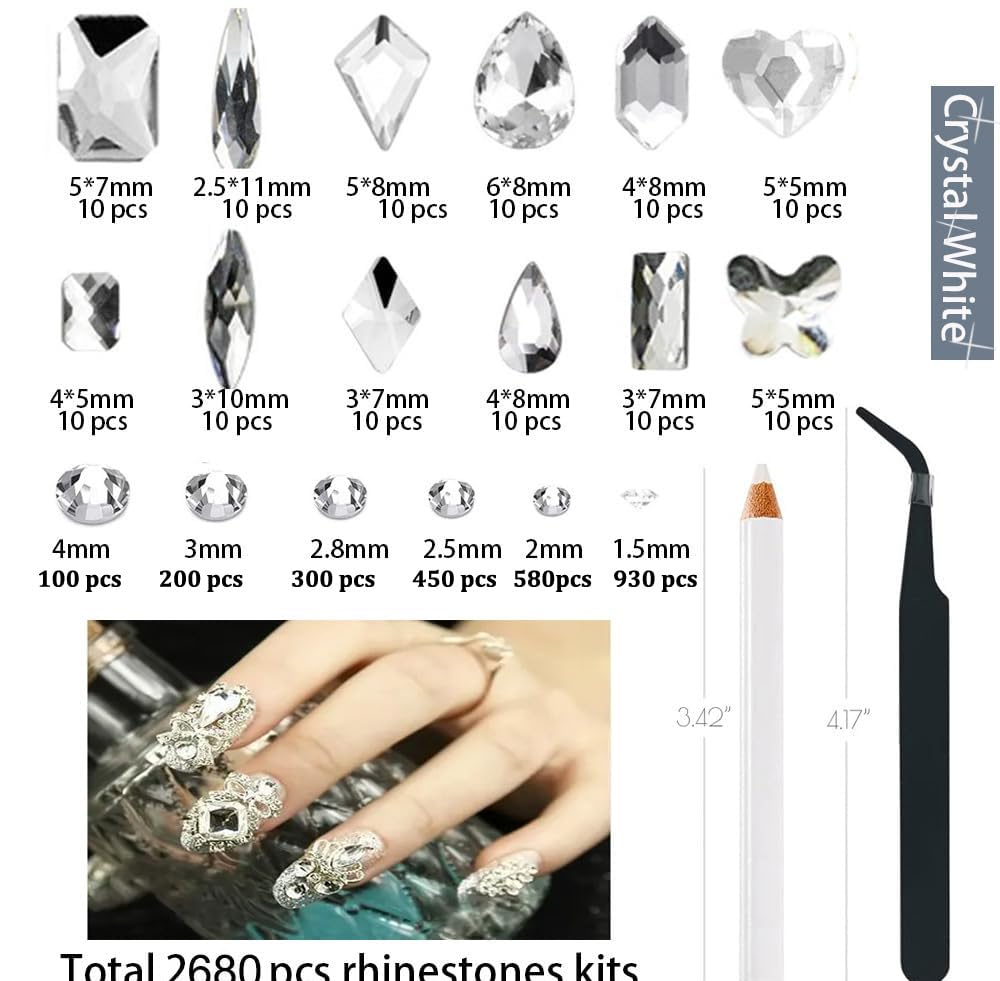 2680Pcs White Nails Rhinestones, 120Pcs Big Silver White Diamond Nail Gem Stones Charms with K9 Bling Flatback Round Beads, Clear Crystal Glass Jewelry for Nails Art Faces Eyes Makeup Decoration