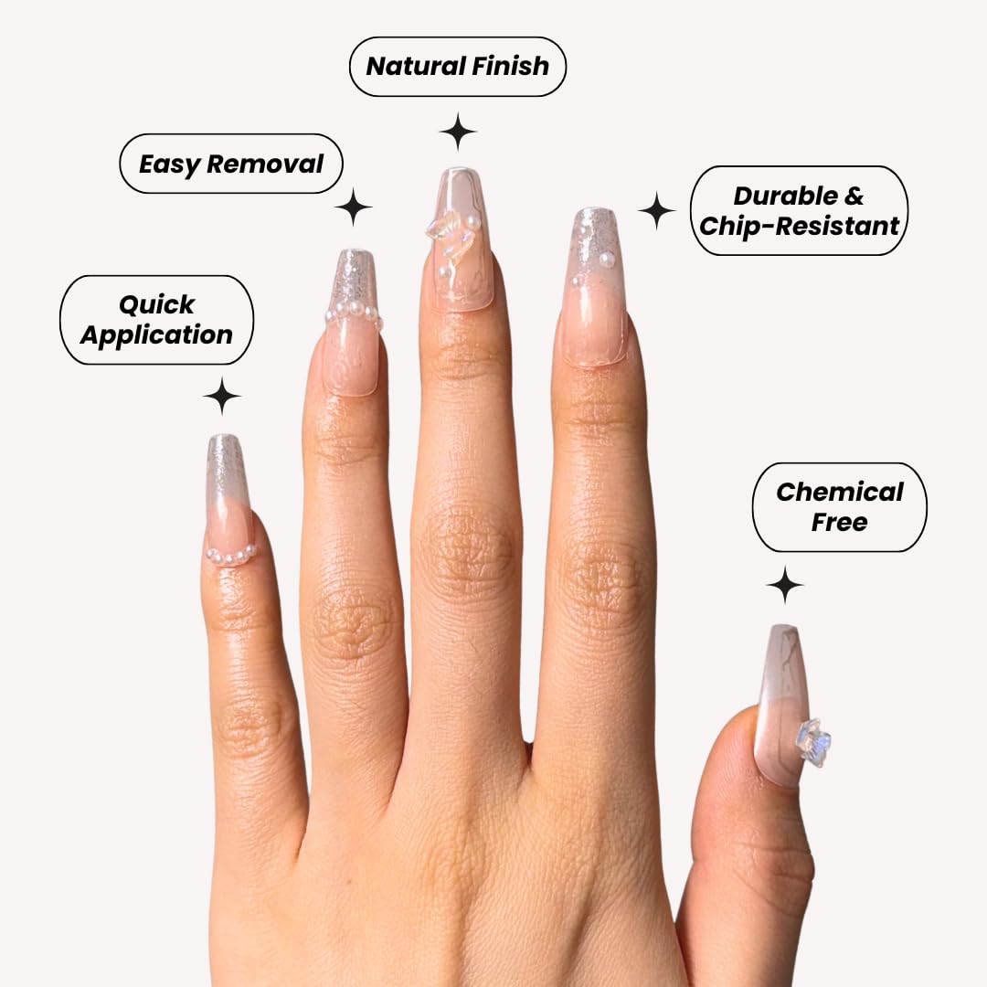 Perfect Look Press On Nails - Pearl Bloom | No Glue One-Day Nude Marble Coffin Fake Nails With Glitter & Butterfly Charms - 24 Pcs Nail Kit With Adhesive Tabs