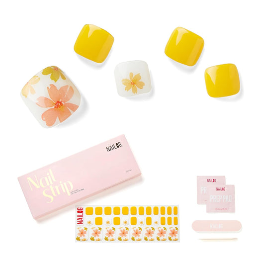 NAILOG Semi Cured Gel Nail Strips, Toe Nail Polish Strips with Glossy Gel Finishing | Buy 3 Get 1 UV Lamp| 32 Pieces Long Lasting Pedi Stickers | Yellow