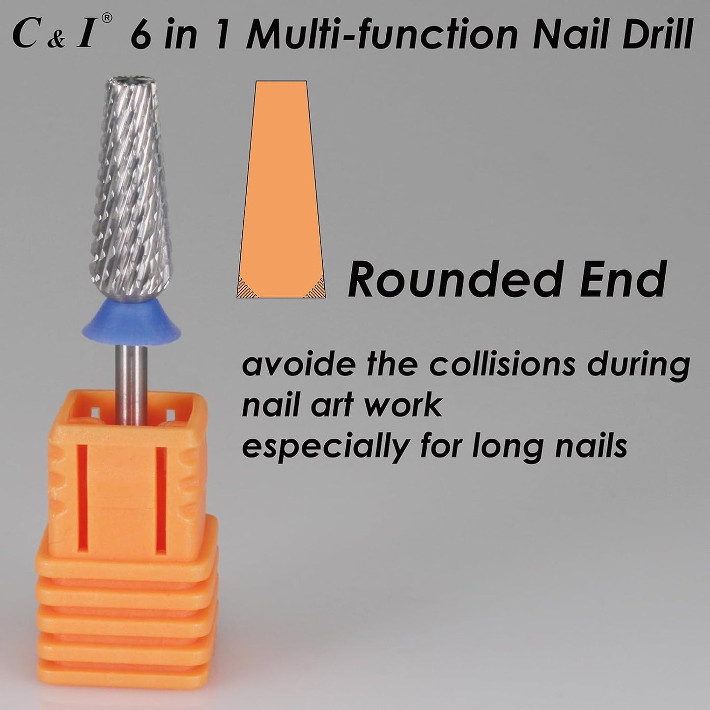 C & I Nail Drill Bit 6 in 1 Multi-function Rounded End E File, Tungsten Steel CNC Overall Cutting, Manicure Tool for Nail Tech Quick Remove Nail Gels, Acrylic Nails (Original, Middle -M)