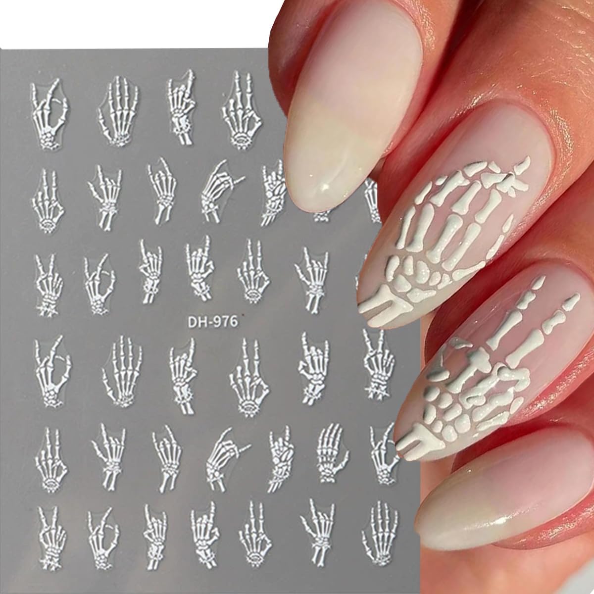 Halloween Nail Art Stickers Decals 3D Finger Bone Nail Stickers 4PCS Black White Gold Silver Fantasy Bone Design Halloween Nails Adhesive Decals Supply for Women Holiday Manicure Nail Art Decorations