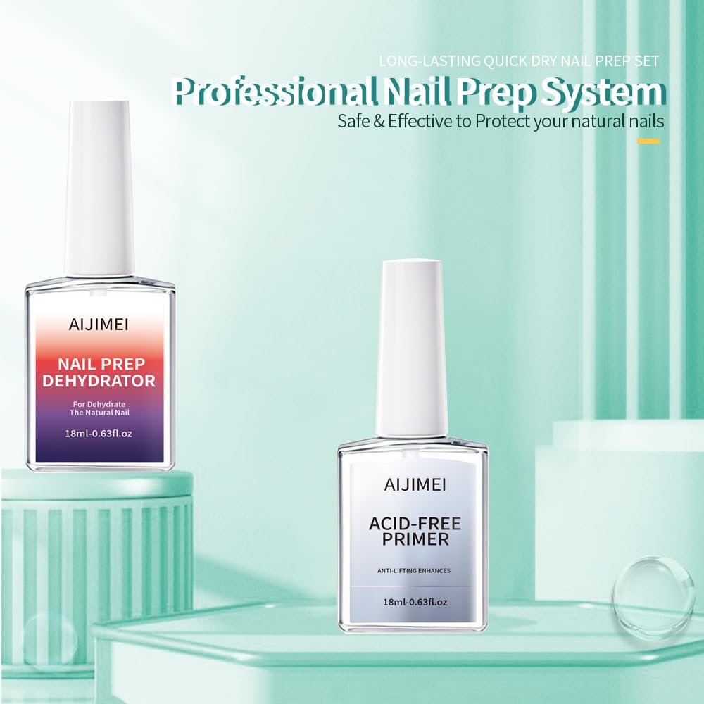 AIJIMEI Professional Natural Nail Prep Dehydrator and Acid Free Primer For Acrylic False Nail Tips Bond Base Coat Gel Nail Polish and Quick Drying Adhesive Dehydration Set（18ml/0.63fl.oz