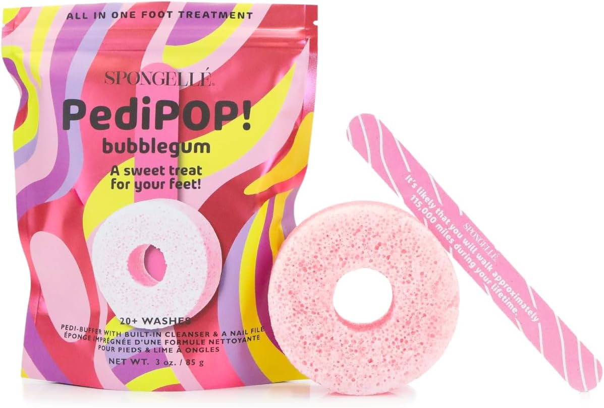 Spongellé Bubblegum PediPOP! Pedi Buffer & Nail File | All-in-One Pedicure Treatment | Exfoliates, Softens & Cleanses | 30+ Washes | Vegan & Cruelty-Free