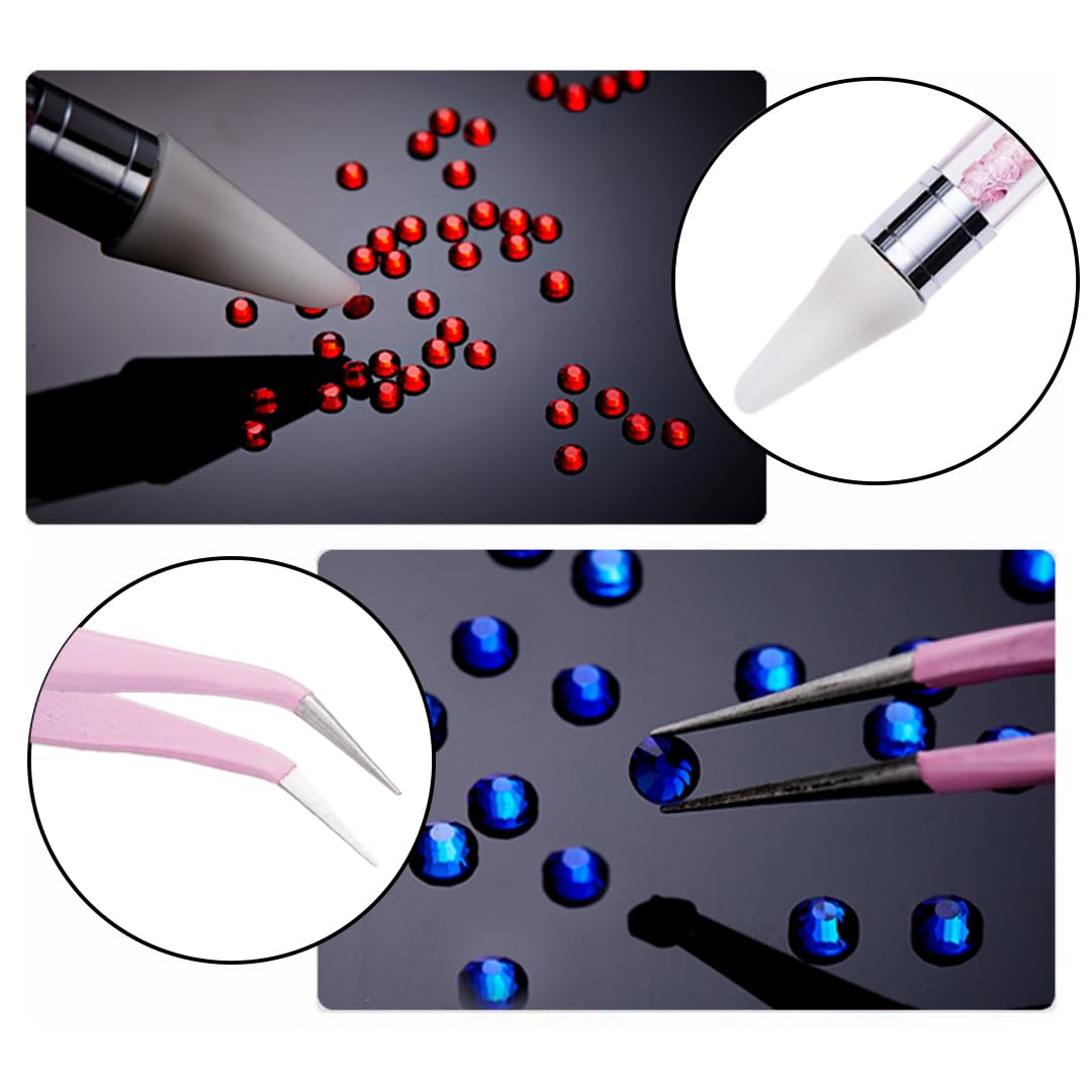 12 grid flat back Rhinestones with Tweezers and Wax Pencil Gems , DIY decorative Nail Face and apparel accessories (mixed color,crystal AB and starry sky)