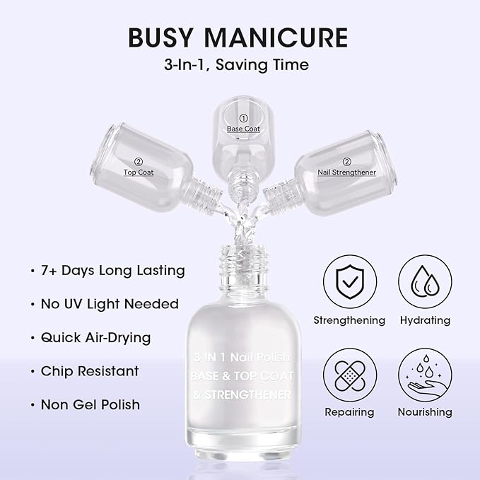 GELLEN 3-In-1 Clear Nail Polish Base Top Coat, Nail Strengthener Growth, Breathable Nail Polish, Treatment For Damaged Dry Nails, Keratin & Vit E, Air Dry, Hema Free, Non-toxic, Anti-yellowing