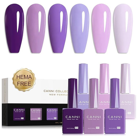 CANNI Purple Gel Nail Polish Set – 6 Colors 9ML Violet, Dark Purple, Lavender, Pastel Pink – Soak Off UV LED Nail Gel Kit for DIY Art, Summer Manicure, Home or Salon Use