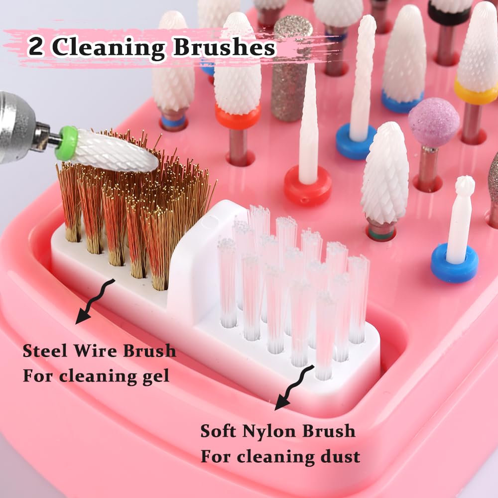 2 in 1 Nail Drill Bits Holder with Cleaning Brush, 30 Holes Dustproof Stand Display Organizer Storage Box , Cleaning Tungsten Carbide Ceramic Nail Drill Bits Cuticle Manicure Tools