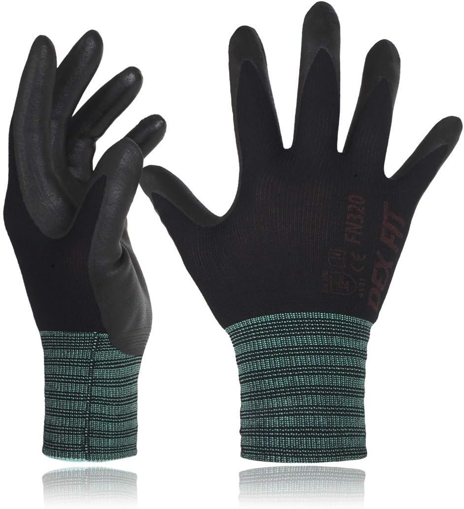 DEX FIT Nylon Work Gloves FN320, 3D Comfort Fit, Power Grip, Lightweight, Touchscreen for Men & Women, Breathable & Flexible for Yard Work DIY Mechanic Warehouse; Black 8 (M)