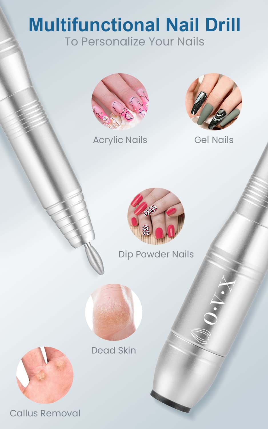 Nail Drills for Acrylic Nails Professional, Portable Electric Nail Filer Kit for Gel Nail with 6 PCS Nail Drill Bits and Sanding Bands Manicure Pedicure Polishing Shape Tools for Home Salon Silvery