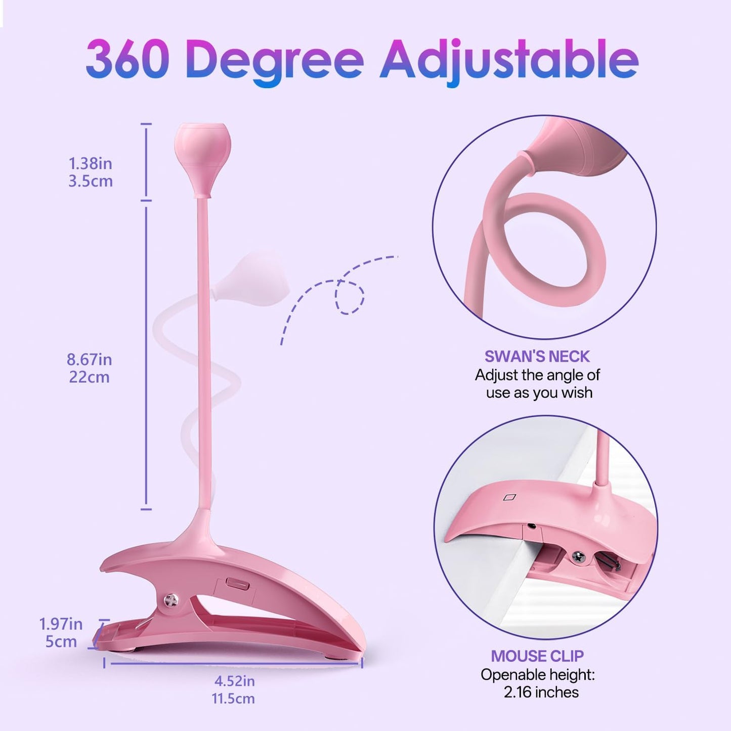 AORAEM UV Nail Lamp Rechargeable Gooseneck UV Light for Gel Nails Touch Flash Cure Lamp Nail Dryer with Clamp, Portable LED Gel Light 3 Level Timing Home Professional DIY Manicure Salon (Pink)