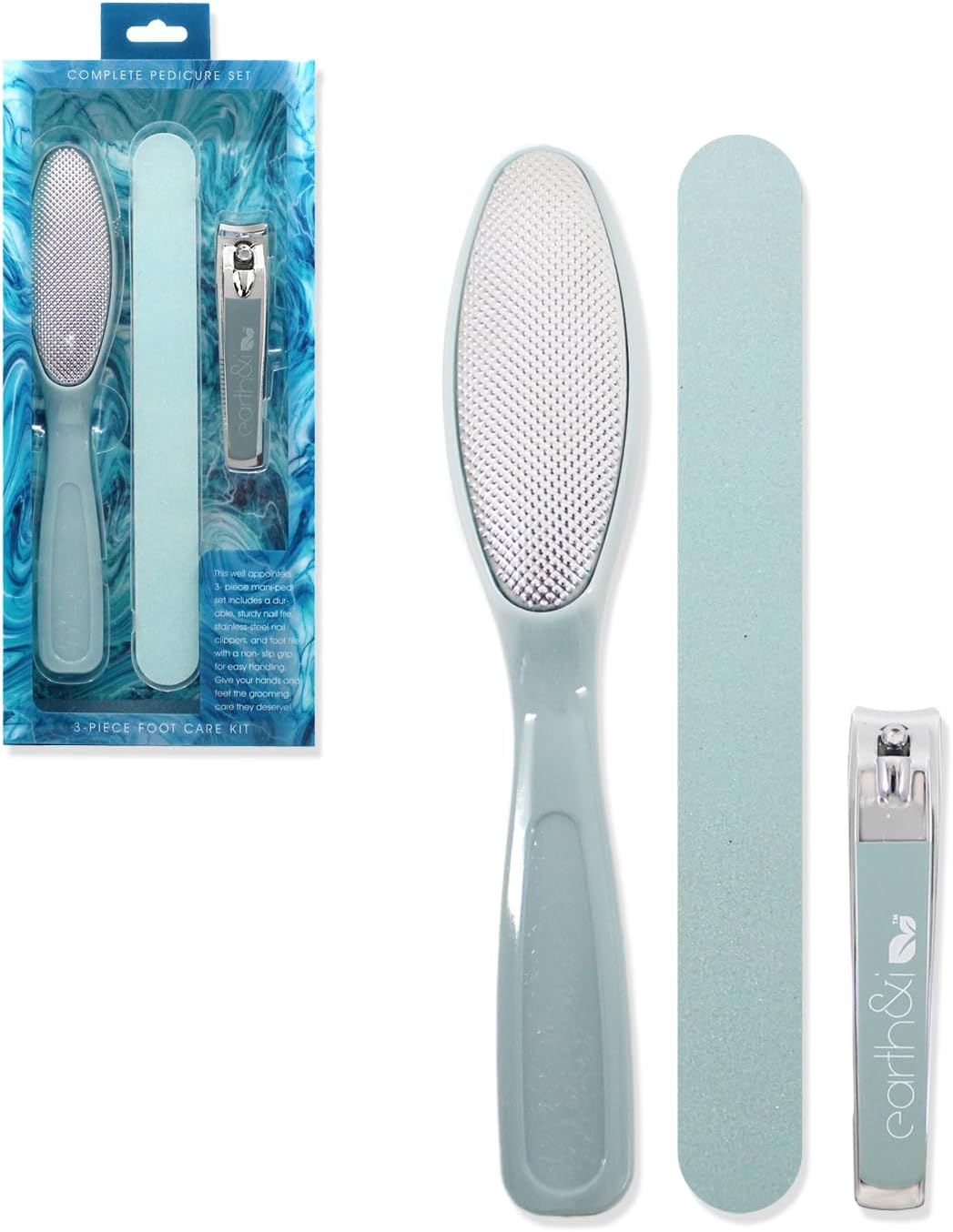 Earth & I - 3 pc Manicure Pedicure Set: Large Nail Clipper, Callus Remover & Contour File, Stainless Steel Nail & Foot Care Kit for Men & Women, at Home Mani-Pedi Kit, Travel-Friendly Nail Care Tools