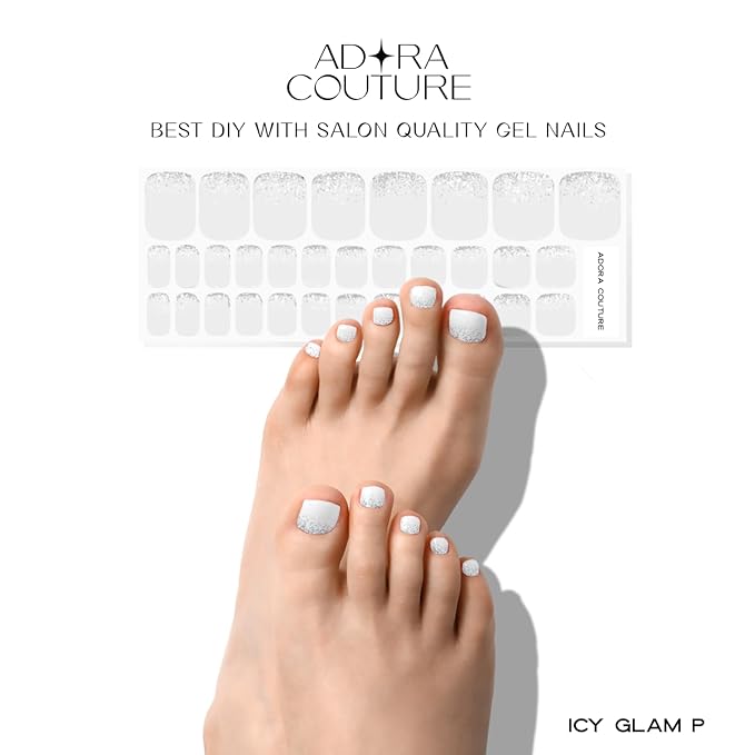Semi Cured Gel Nail Strips - 32 pcs Gel Pedicure Stickers, Easy to Apply & Remove Toenail Stickers, Salon Quality at Home & Long Lasting - UV Nail Lamp Required - ICY Glam P