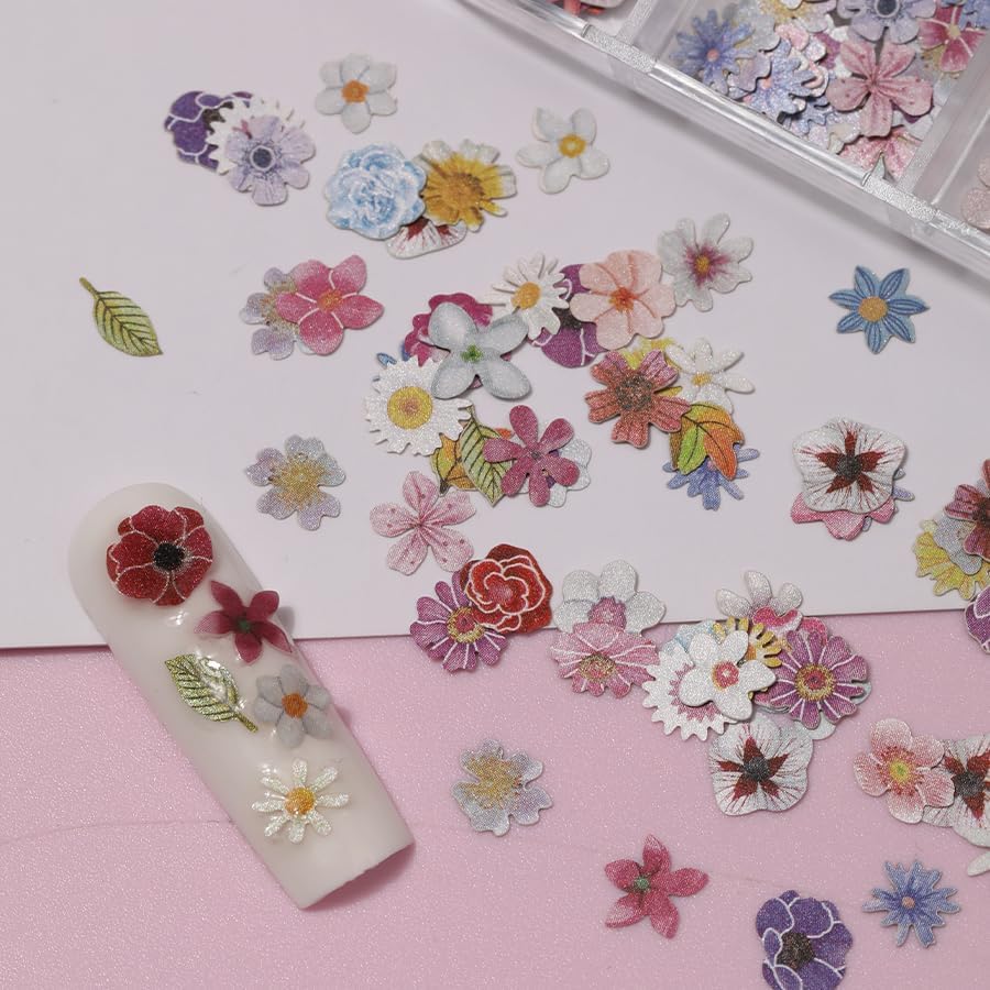 600Pcs 3D Flower Nail Art Charms Sequins Decals Colorful Mixed Flowers Leaves Design Slice Nail Flowers Ultra Wood Pulp Flakes Sequins