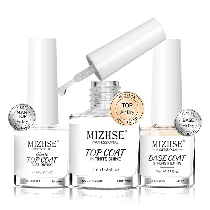 MIZHSE Quick Dry Base and Top Coat Set, Clear Foundation Nail Polish Air Dry Fast, Matte Top Coat Protect Nails Manicure Home DIY