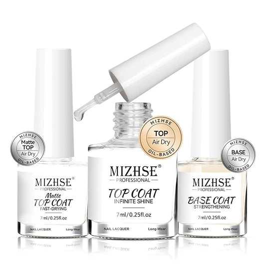 MIZHSE Quick Dry Base and Top Coat Set, Clear Foundation Nail Polish Air Dry Fast, Matte Top Coat Protect Nails Manicure Home DIY