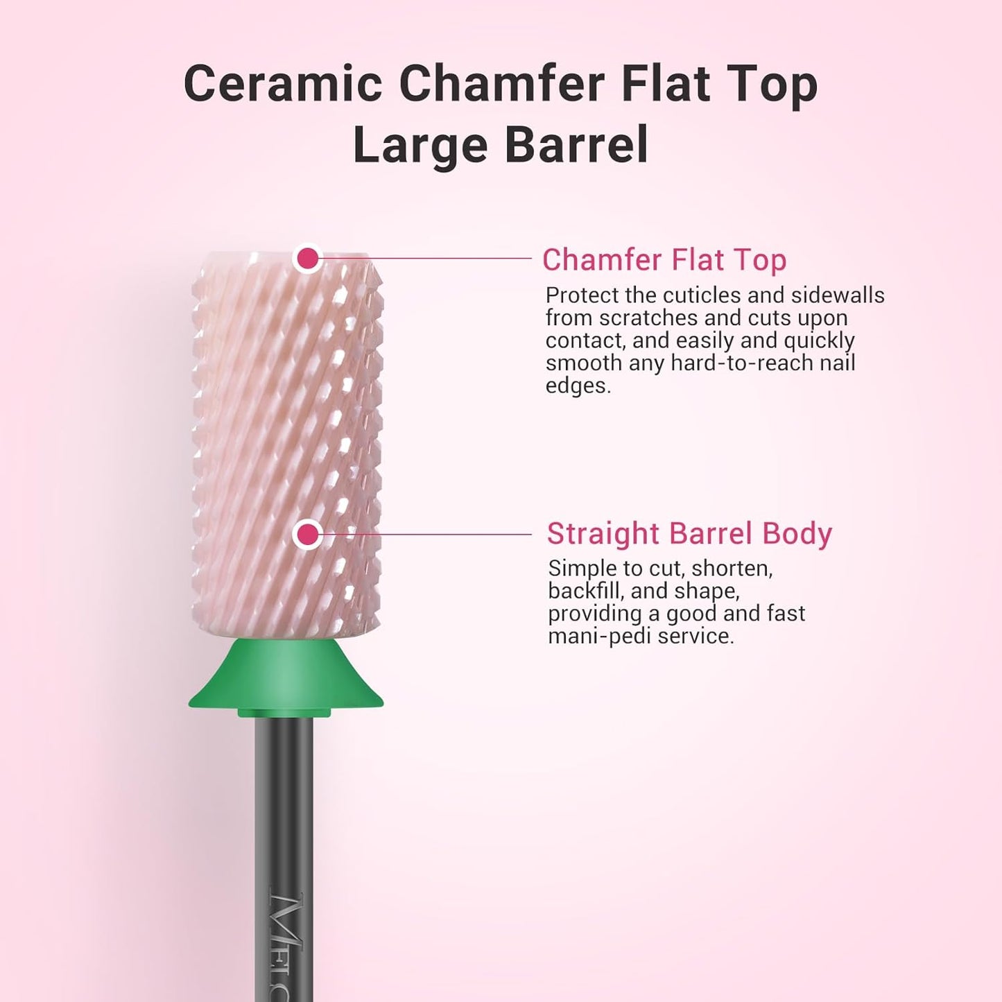 MelodySusie Ceramic Nail Drill Bits, 3/32'' Chamfer Flat Top Large Barrel Bits, Fast Remove Acrylic or Hard Gel, Nail Tool for Manicure Pedicure, Salon Home, Professional or Beginner, Pink, Coarse