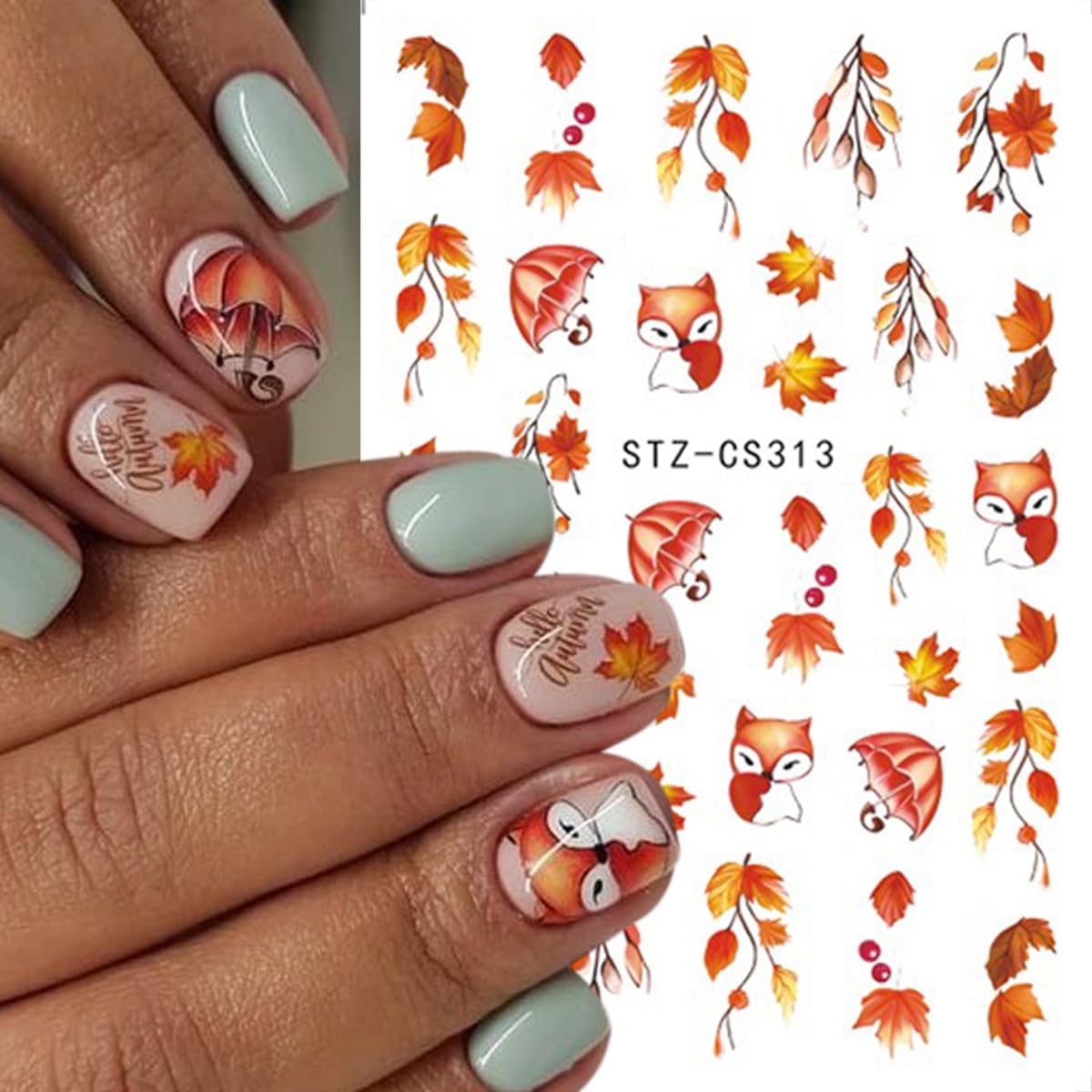 Fall Nail Art Stickers Autumn Maple Leaf Nail Decals 6PCS Maple Leaves Foxes Pumpkin Nails Design 3D Self-Adhesive Thanksgiving Day Nail Art Decorations Supplies Fall Stickers for Nails Manicure Decor