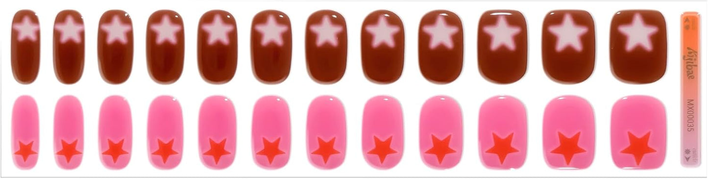 Semi Cured Gel Nail Strips - Trendy Nail Polish Wraps Works with Any UV Lamp - Long Lasting Easy Salon Manicure - 24pcs with 2 Prep Pads, Nail File & Cuticle Stick (Starz Only)