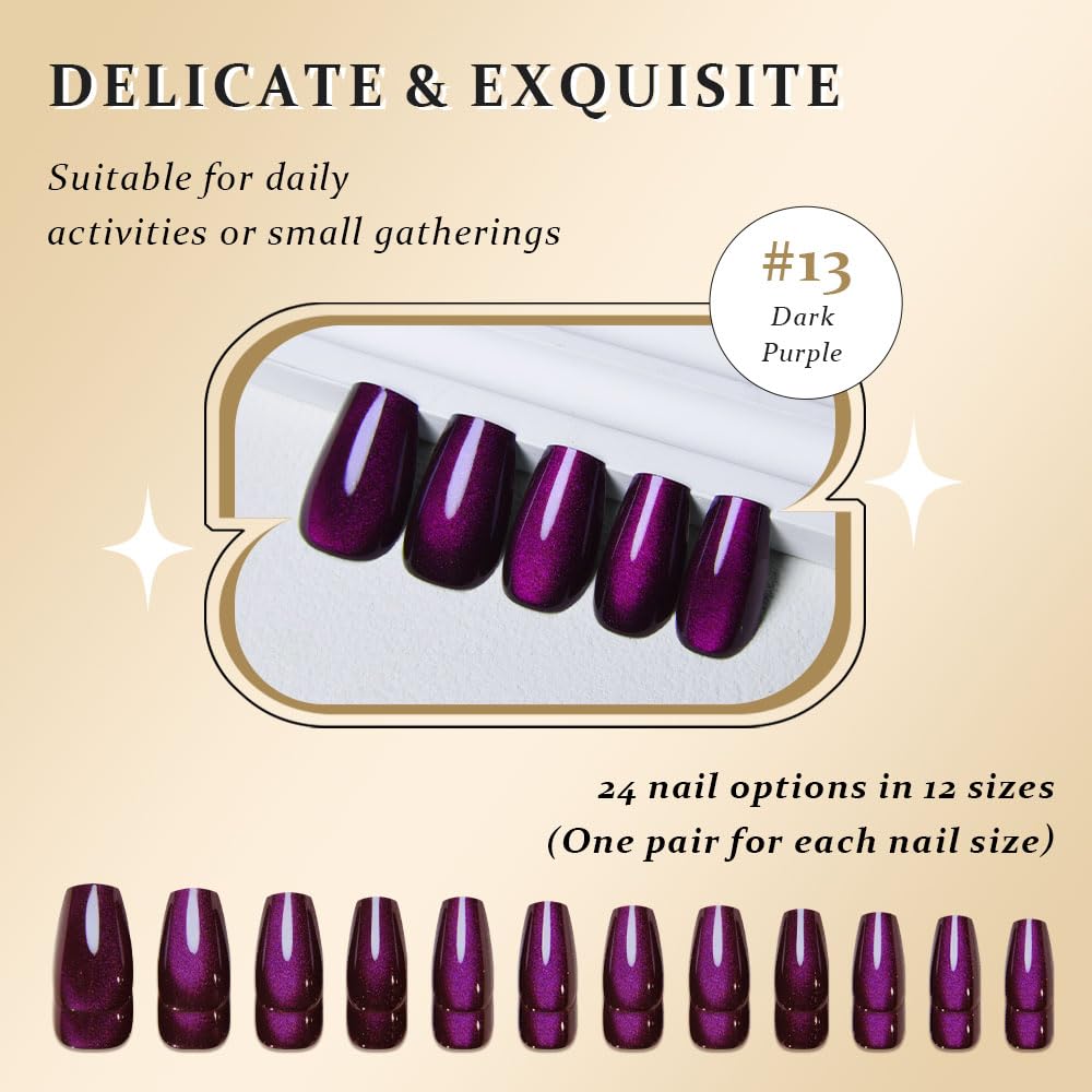 evpct Dark Purple Cat Eye Coffin Press on Nails Square Medium, Medium Square Glue on Nail for Women, Dark Purple Metallic Glitter Glossy Reusable Summer Soft Gel Press on Acrylic Fake Nail with Design