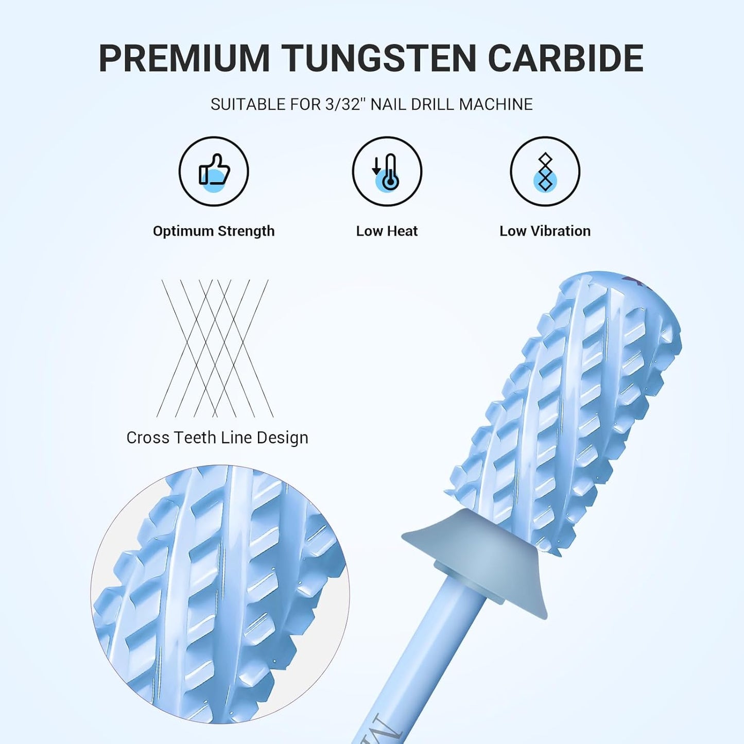 MelodySusie Safety Nail Drill Bits, 3/32'' Smooth Round Top Large Barrel Carbide Bits, Suitable for Manicure Pedicure Cuticle Gel Polishing, Beginners Bits, Light Blue, Series Bit-S, 4XC