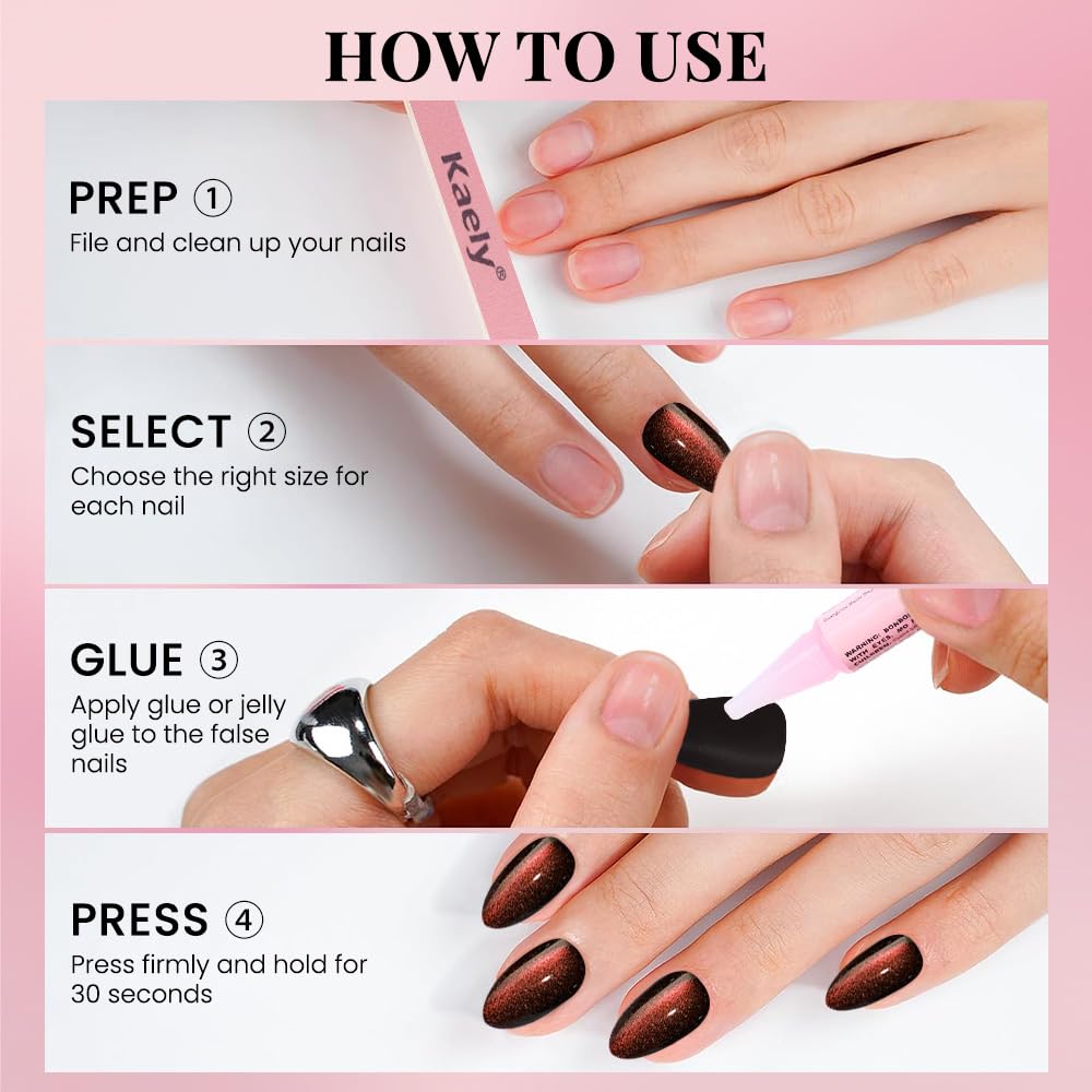 evpct Dark Red Press on Nails Almond Short, Reddish Brown Cat Eye Glitter Press on Nails for Women Gift, Soft Gel Press Glue On Nail with Nail Glue, Full Cover, 30Pcs Reusable Acrylic Fake Nails Kit