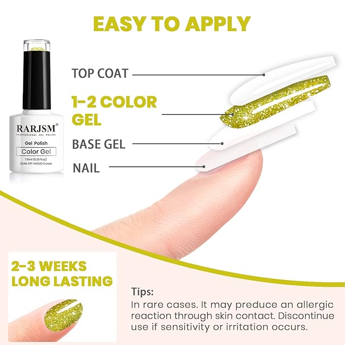 RARJSM Reflective Gel Nail Polish, Yellow Gel Nail Polish, 7.5ml 0.25Floz Yellow Nail Glitter Gelpolish Summer Candy Collection Diamond Shimmer for Starter Nail DIY at Home U V L E D Cure Required
