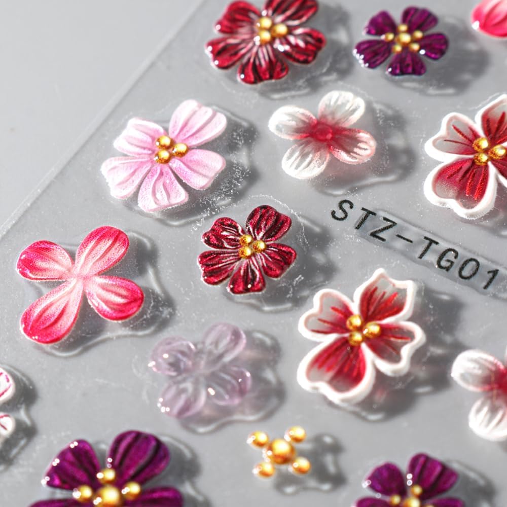 Flower Nail Art Stickers, 5D Embossed Hibiscus Flower Nail Decals Colorful Aurora Gradient Ice Transparent Flowers Design Self-Adhesive Summer Stickers DIY Engraved Manicure Foils Nail Art 2 Sheets