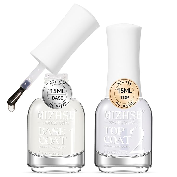 MIZHSE Base and Top Coat Nail Polish Quick Dry, 15 ml 0.5 fl oz Basic Nail Polish Non Gel Air Dry Fast, Protective High-Glossy Shiny Clear Long Lasting Nail Art Manicure at Home