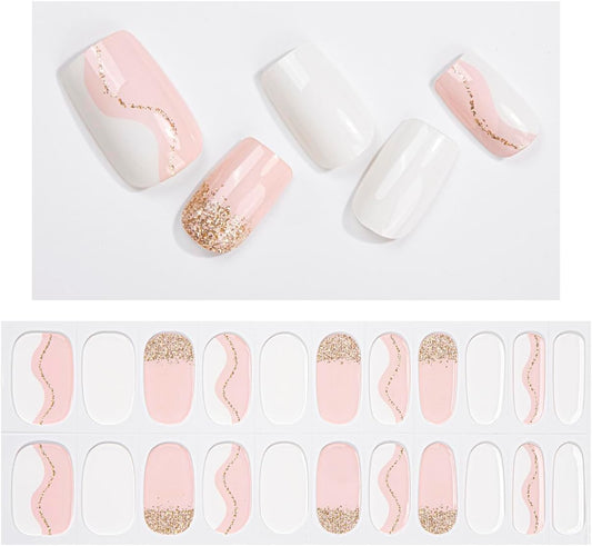 No Lamp Gel Nail Strips 22 Pcs Wraps - Pink White, Easy Apply Gel Nail Stickers Long Lasting, Salon-Quality, 2 Prep Pads, 1 File, 1 Wooden Stick