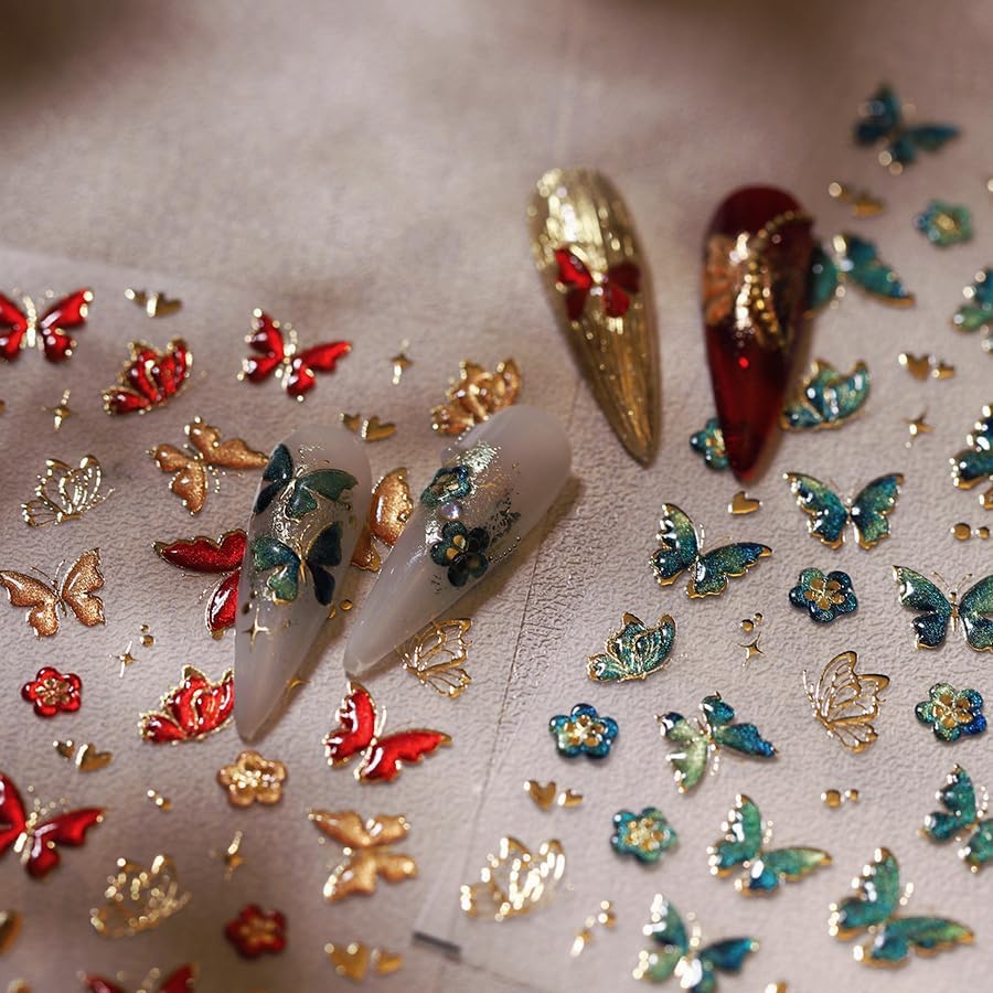 5D Butterfly Nail Art Sticker Decals Crystal Soft Self Adhesive Embossed Spring Nail Stickers Design Gold Red Green Butterfly Nail Decals Supplies Accessories 2 Sheet