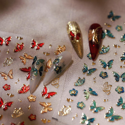 5D Butterfly Nail Art Sticker Decals Crystal Soft Self Adhesive Embossed Spring Nail Stickers Design Gold Red Green Butterfly Nail Decals Supplies Accessories 2 Sheet
