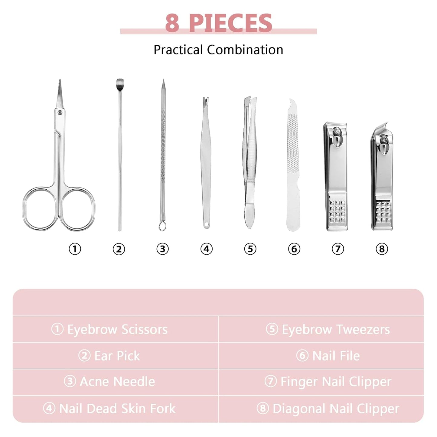 Lasnten 24 Set Christmas Manicure Set Bulk Nail Clippers Grooming Nail Kit Stainless Steel Professional Pedicure Kit Pedicure Tools with Travel Case Gifts for Xmas Men Women(8 in 1,Shiny Pink)