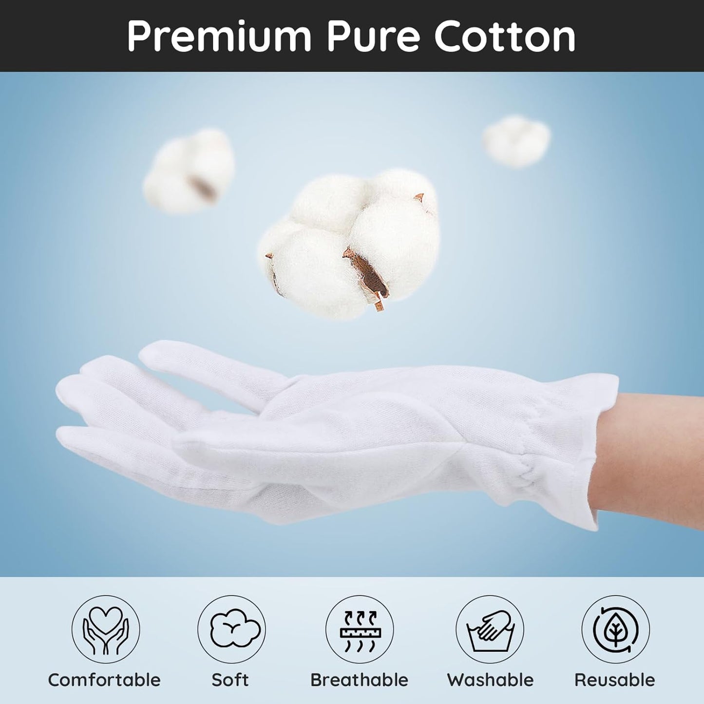 Segbeauty 24 Counts Moisturizing Gloves Overnight with Elastic Band, White Cotton Gloves for Dry Hand, 12 Pairs Thick Sleeping Gloves for Cracked Hands, Cotton Work Gloves for Men and Women Large
