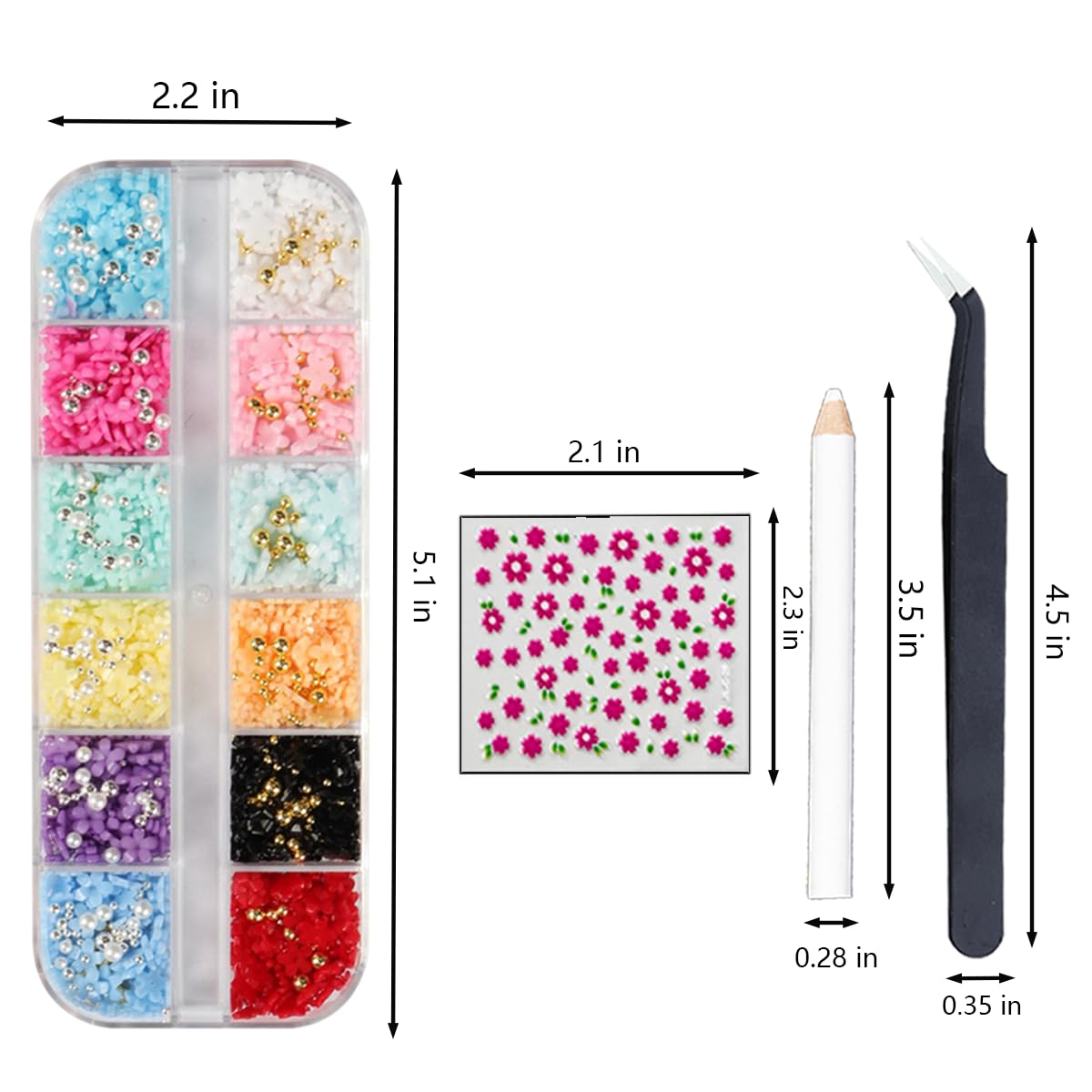 Flower Nail Charms Nail Art Kit with 30 Sheets Flower Nail Stickers 12 Boxes Colorful Flower with Rhinestone Nail Supplies 3D Nail Charms,Flower Nail Decals for Women Acrylic DIY Nail Art Decoration