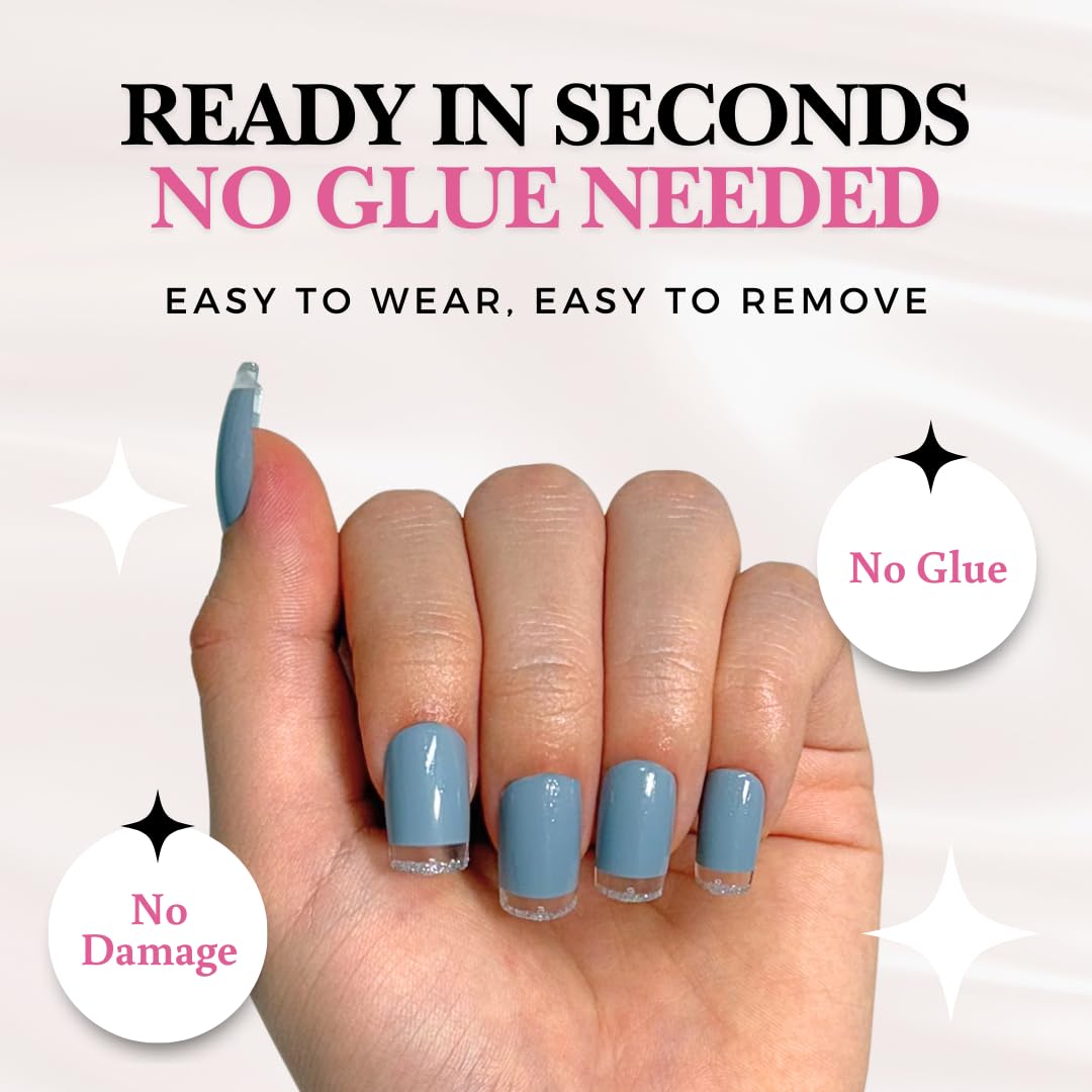 Perfect Look Press On Nails - Crystal Fog | No Glue One-Day Medium Square Nails, Light Grey Nails with Clear Glitter Tips - 24 Pcs Nail Kit with Adhesive Tabs
