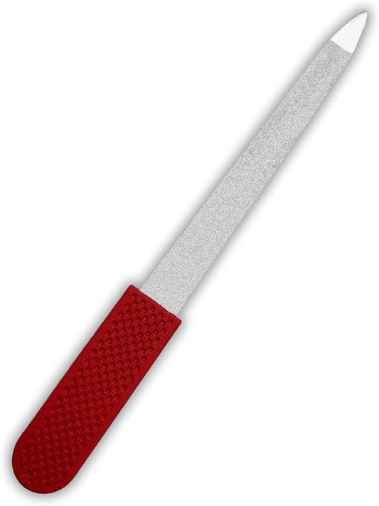 Professional Sapphire Nail File – Ruby Red, 5" Stainless Steel, Double-Sided Metal File, Ergonomic Non-Slip Handle, for Natural, Gel, Acrylic Nails, Manicure & Pedicure Tool