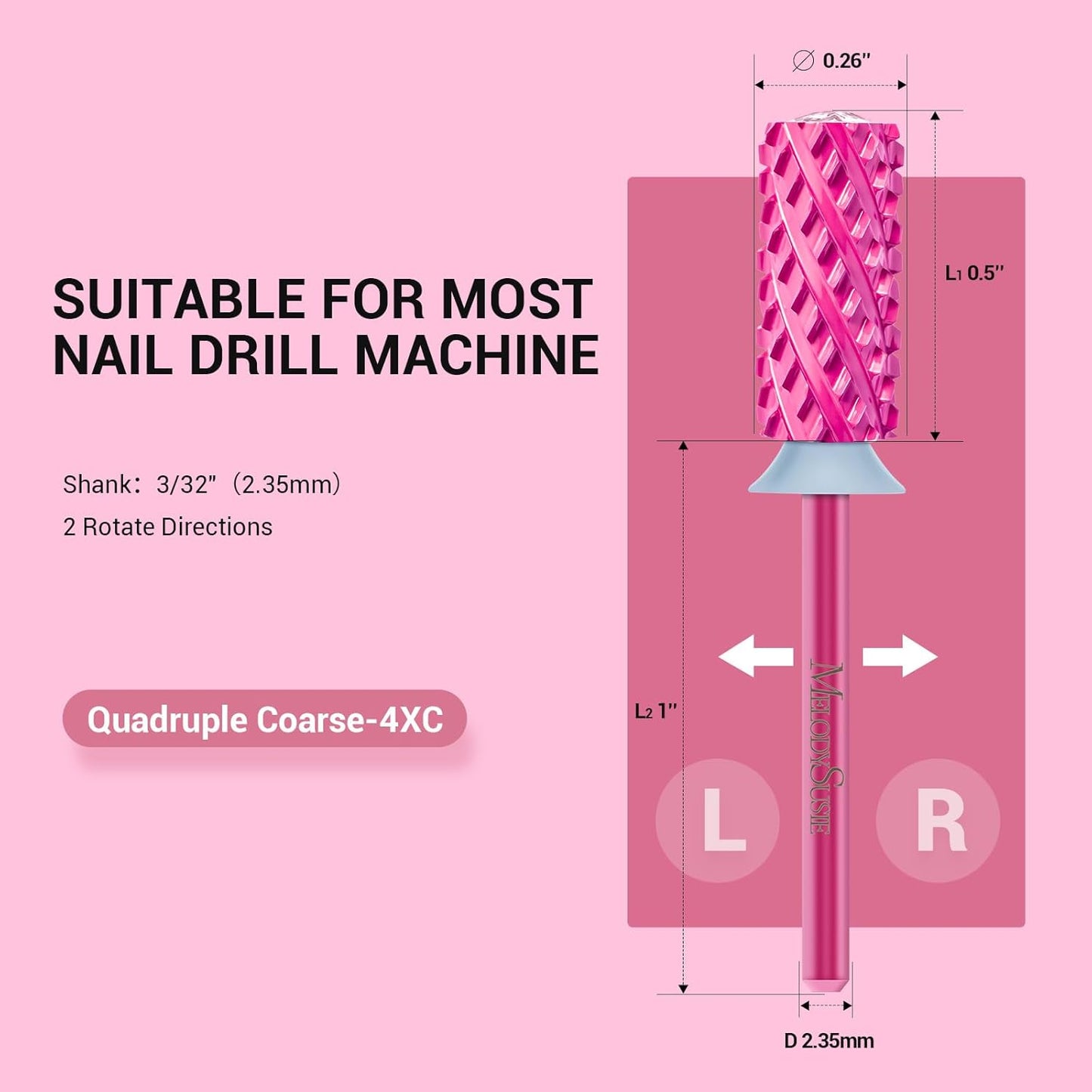 MelodySusie Large Barrel 3/32'' Tungsten Carbide Nail Drill Bit, Crystal Top Pink Heart Shape, Fast Remove Acrylic Gel, Cuticle Gel Polishing for Manicure Pedicure, Pink Blossom, Series Bit-S, 4XC