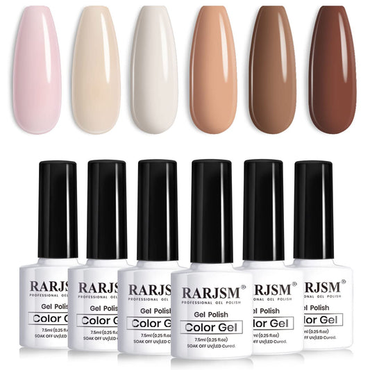 RARJSM Nude Gel Nail Polish Set 6 Colors,Skin Tone Neutral Nail Gel Polish 7.5ml Clear Pink Coffee Brown Beige for Fall Winter Soak Off Nail Art For French Tip Home Manicure DIY Nail Design