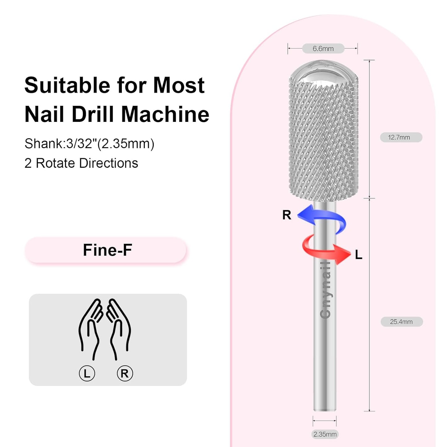 3/32" Large Barrel Smooth Round Top Tungsten Carbide Nail Drill Bit Safety Bit for Gel & Acrylic Removal, 2-Way Rotating Efile Tip, Salon Electric File Accessory (F Grit, Silver)
