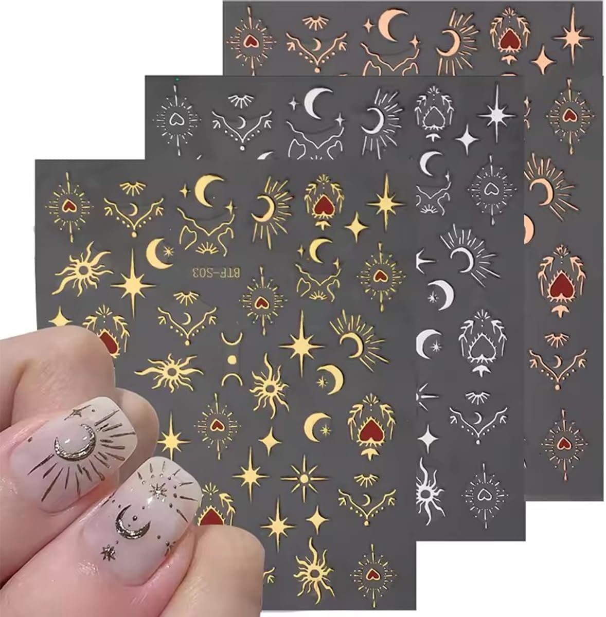 Gold Silver Nail Art Stickers Decals 6 Sheets Moon Star Nail Stickers 3D Self Adhesive Nail Decals Heart Moon Starlight Star Nail Art Design Decoration Accessories for Women Girls
