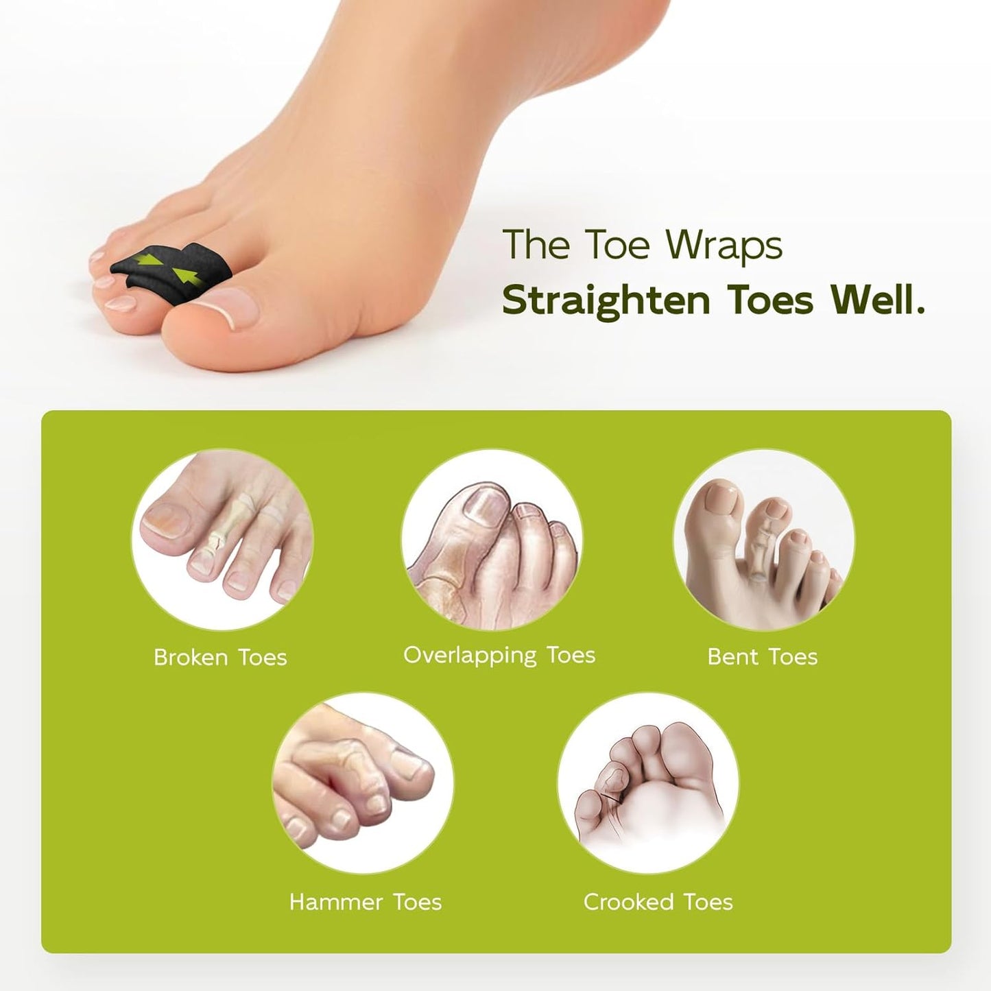 Bukihome Hammertoe Corrector - 10 Pack Toe Straighteners - Broken Toe Wraps - Realign Bent, Curled, Crooked, Claw, Hammer Toes - Toe Corrector Splints for Men and Women (5 Large + 5 Small, Black)