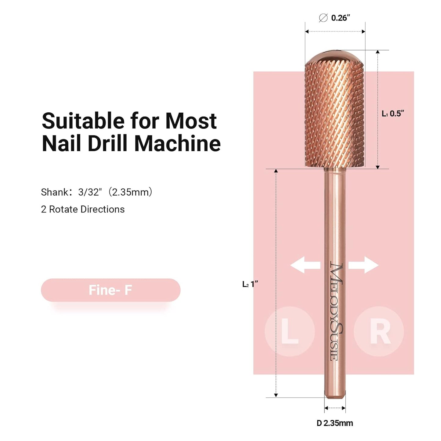 MelodySusie Safety Nail Drill Bits, 3/32'' Smooth Round Top Large Barrel Carbide Bits, Suitable for Manicure Pedicure Cuticle Gel Polishing, Beginners Bits, Rose Gold, Series Bit-S, Fine