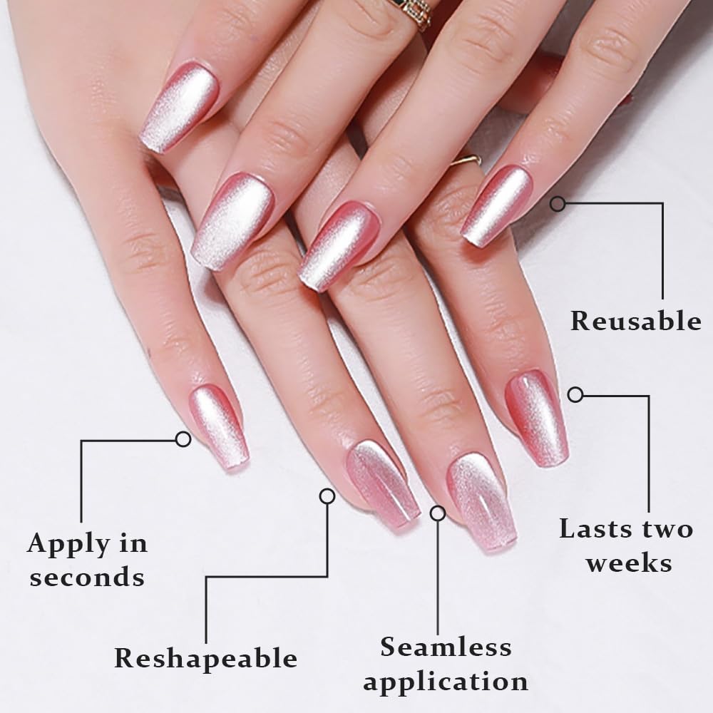 evpct Pink Cat Eye Press on Nails Square Medium Coffin, Medium Square Glue on Nails for Women Gift, Plum Pink Metallic Glitter Glossy Reusable Spring Summer Gel Press on Acrylic Fake Nail with Designs