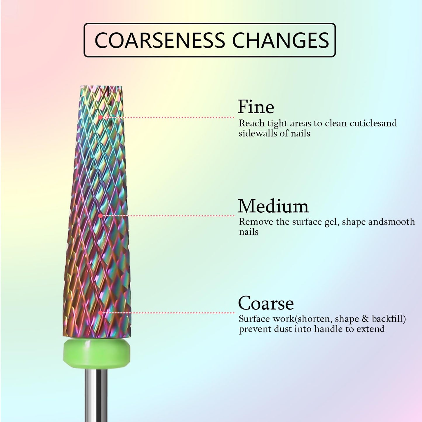 Super Long 5 in 1 Nail Drill Bits,Two Way Rotary Nail Cleaner Carbide Tungsten Nail Bits, Suitable for Manicure Pedicure Cuticle Gel Polishing Acrylic Hard Gels(Rainbow, Coarse-C)