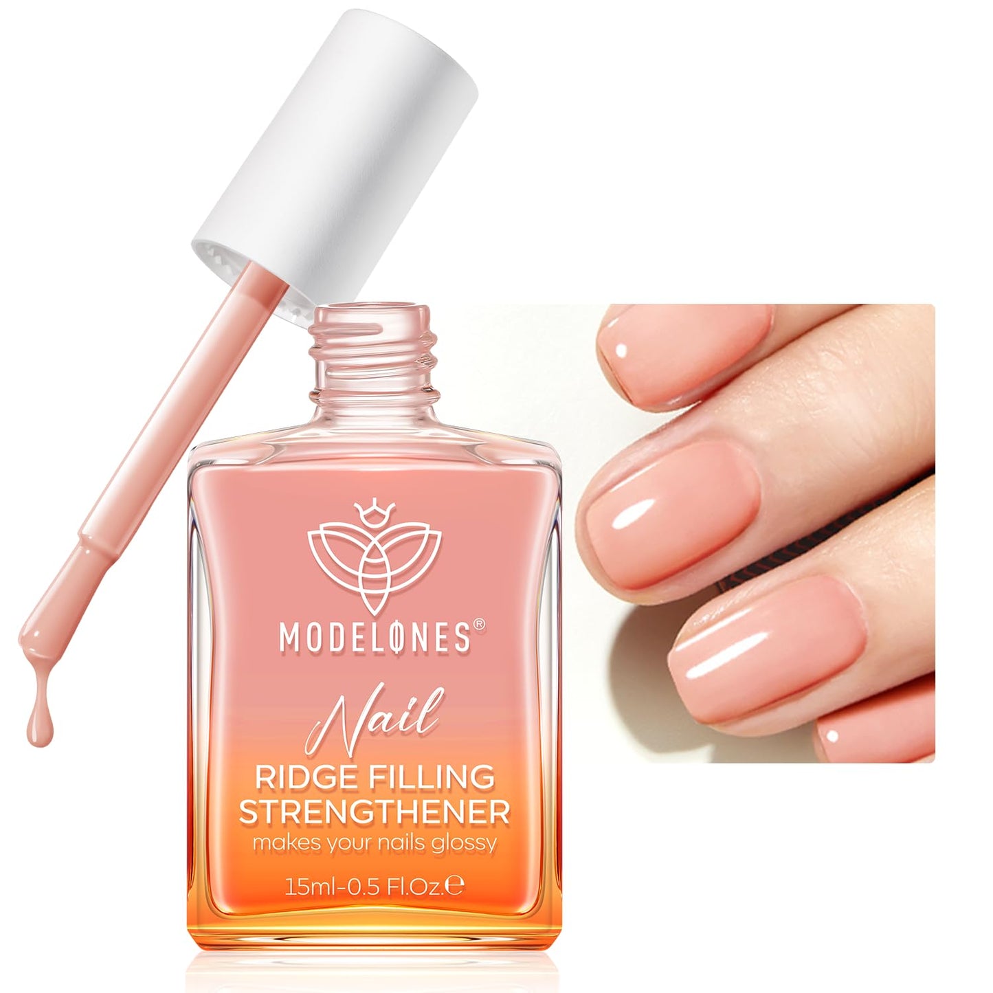 modelones Nail Strengthener and Growth Nail Hardener Extra Strong and Growth Nude Pink Orange Nail Polish Nail Repair for Damaged Nails Strengthening Polish Ridge Filler for Nails 15ml